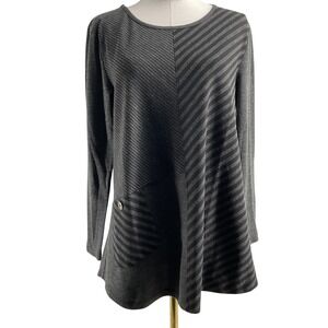 Focus Casual Life Sweater Tunic Womens M Gray‎ Rayon Striped Pockets Button
